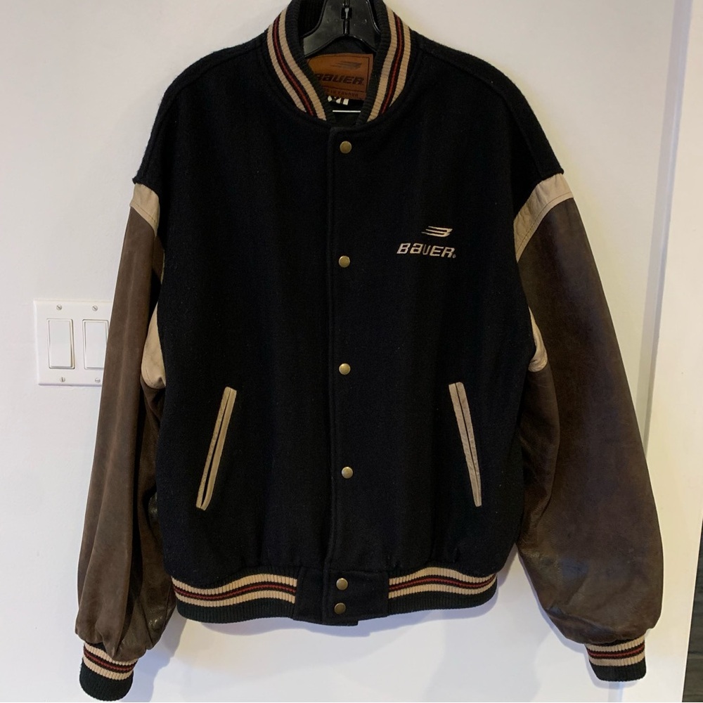 Vintage Bauer Hockey Letterman Varsity Jacket Wool with Leather Mens X Large